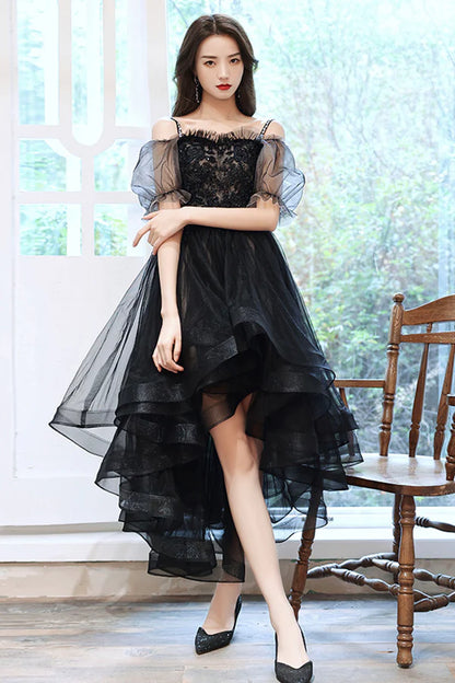 Black Tulle Lace High-Low Party Dress Cute Short Sleeve Homecoming Dress