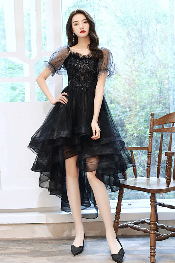 Black Tulle Lace High-Low Party Dress Cute Short Sleeve Homecoming Dress