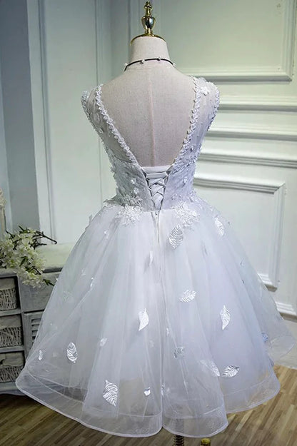 White Tulle Lace Short Prom Dress Pageant Dress Cute Knee Length Party Dress