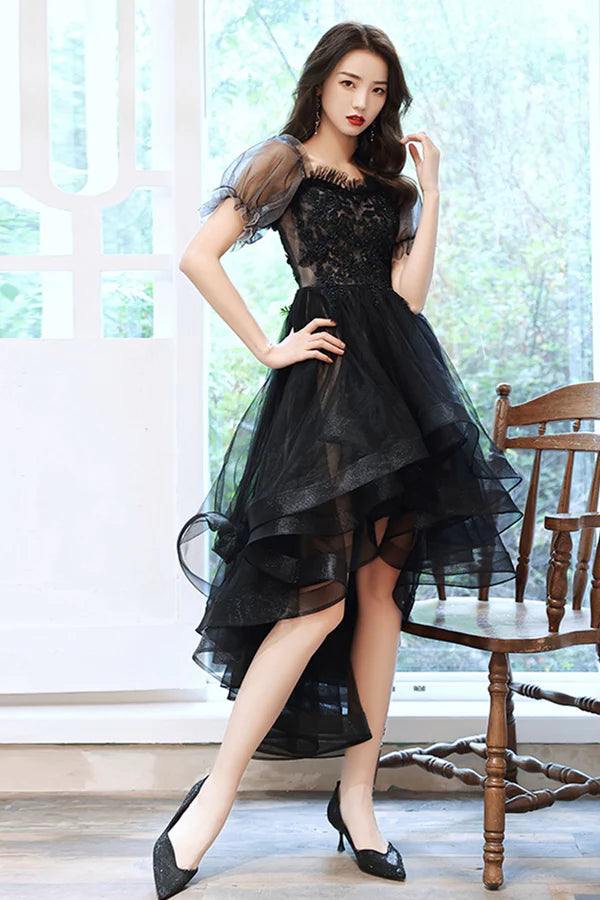 Black Tulle Lace High-Low Party Dress Cute Short Sleeve Homecoming Dress