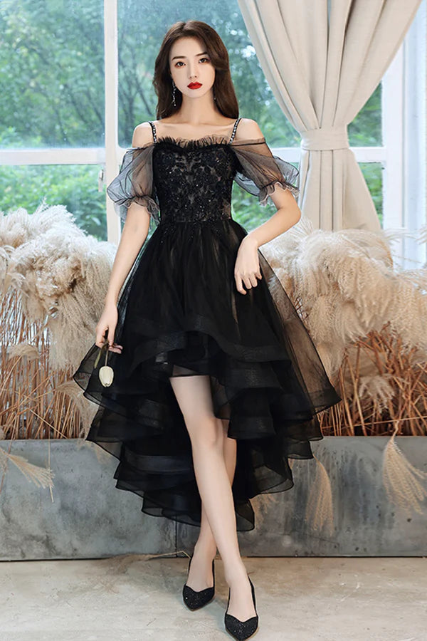 Black Tulle Lace High-Low Party Dress Cute Short Sleeve Homecoming Dress