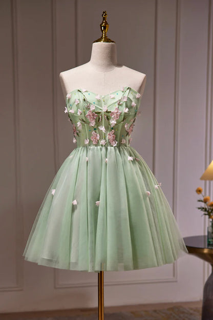 Green Strapless Tulle Short Prom Dress with Lace Green Party Dress