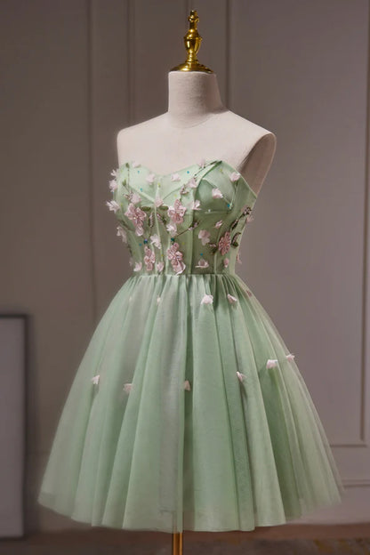 Green Strapless Tulle Short Prom Dress with Lace Green Party Dress