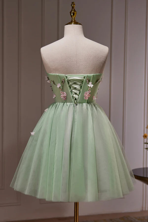 Green Strapless Tulle Short Prom Dress with Lace Green Party Dress