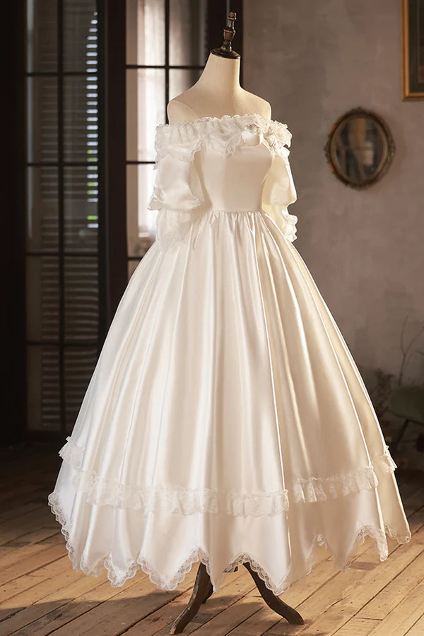 White Satin Lace Prom Dress White Evening Dress Wedding Dress