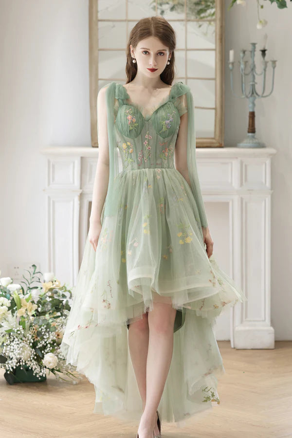 Beautiful Floral Tulle High Low Party Dress Green Lace Homecoming Dress