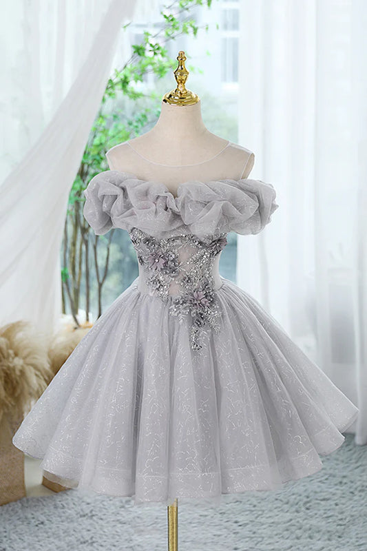 Gray Scoop Neckline Tulle Sequins Short Prom Dress A-Line Off the Shoulder Evening Party Dress