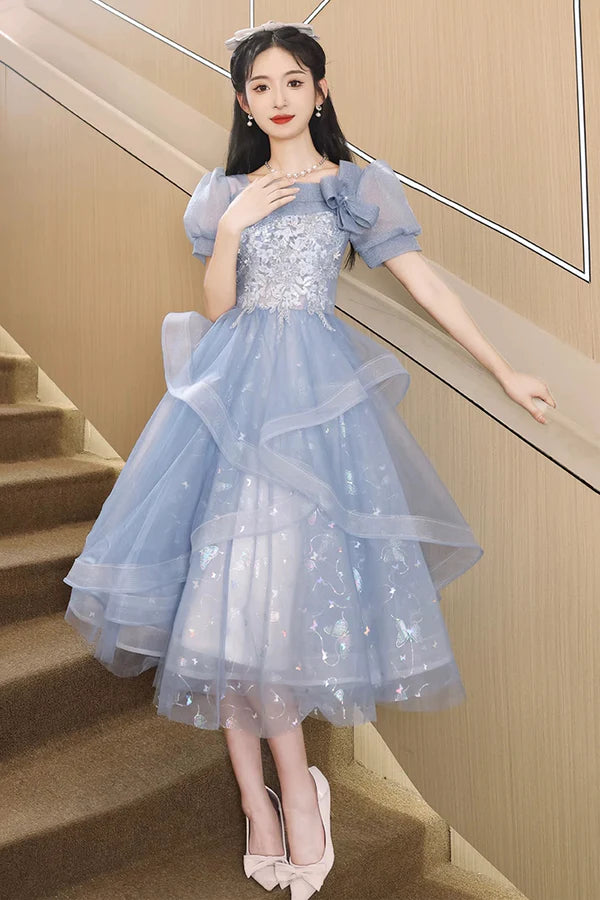 Blue Tulle Lace Knee Length Prom Dress Cute Short Sleeve Evening Party Dress