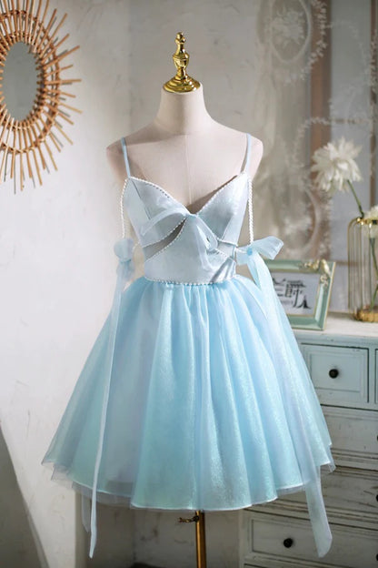 Sky Blue Spaghetti Straps Party Dress Cute A-Line Tulle Homecoming Dress