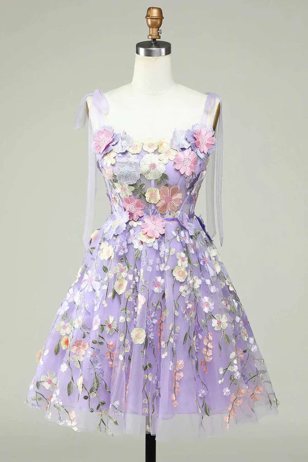 Lavender 3D Floral Embroidered Party Dress Cute A-line Homecoming Dress