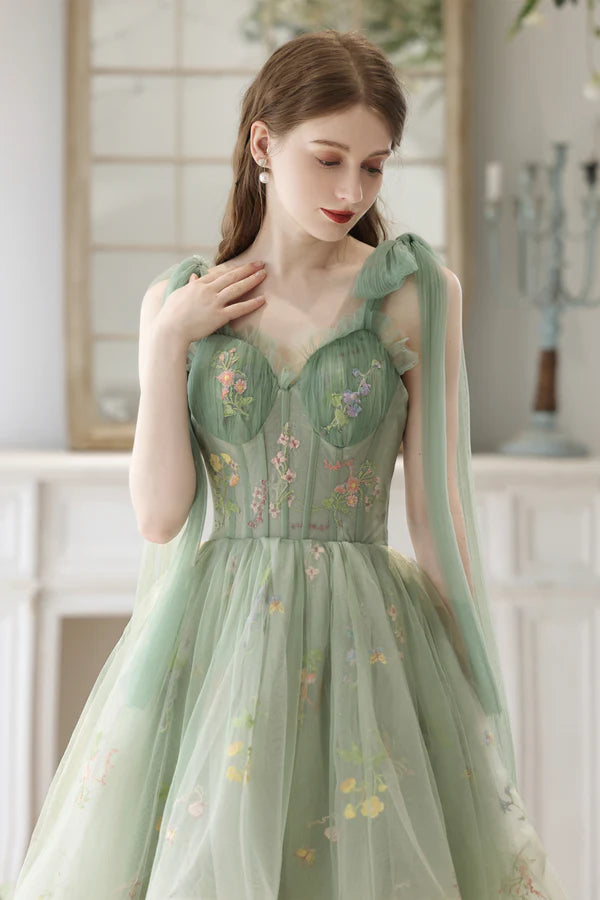 Beautiful Floral Tulle High Low Party Dress Green Lace Homecoming Dress