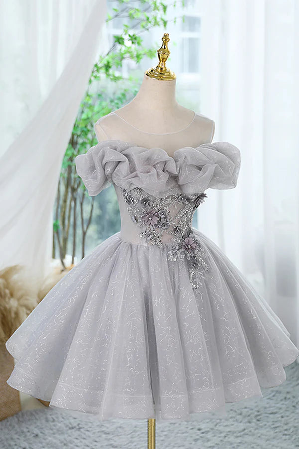 Gray Scoop Neckline Tulle Sequins Short Prom Dress A-Line Off the Shoulder Evening Party Dress