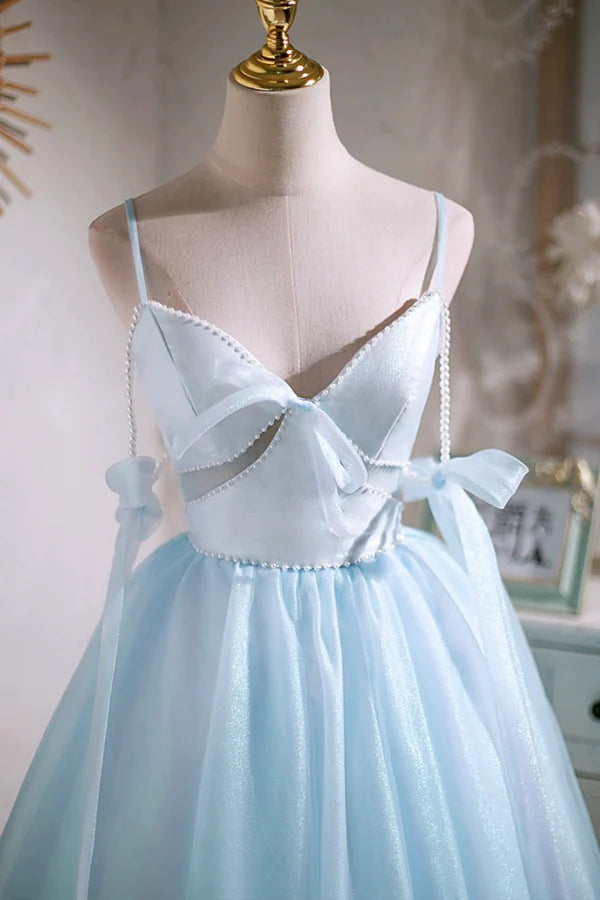 Sky Blue Spaghetti Straps Party Dress Cute A-Line Tulle Homecoming Dress