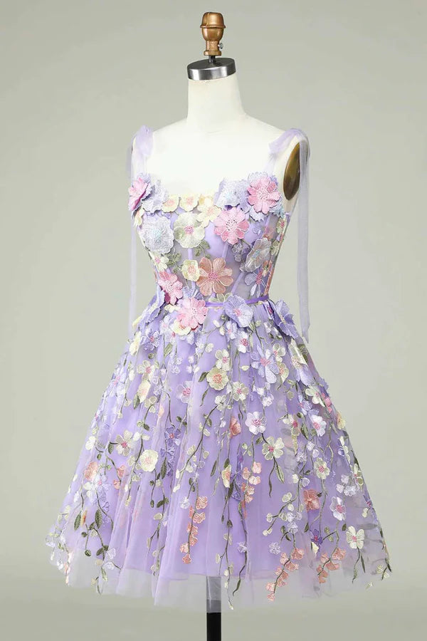 Lavender 3D Floral Embroidered Party Dress Cute A-line Homecoming Dress