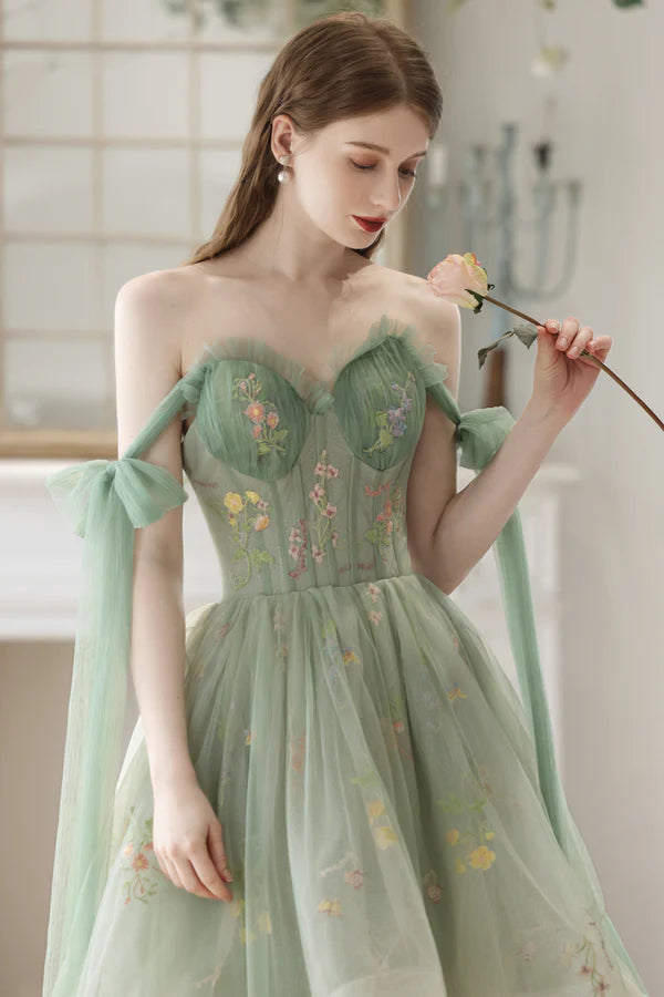 Beautiful Floral Tulle High Low Party Dress Green Lace Homecoming Dress