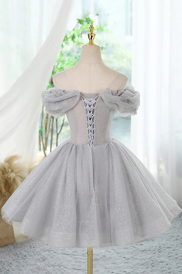 Gray Scoop Neckline Tulle Sequins Short Prom Dress A-Line Off the Shoulder Evening Party Dress