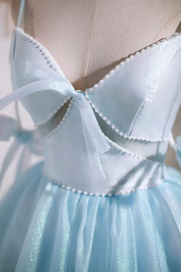 Sky Blue Spaghetti Straps Party Dress Cute A-Line Tulle Homecoming Dress