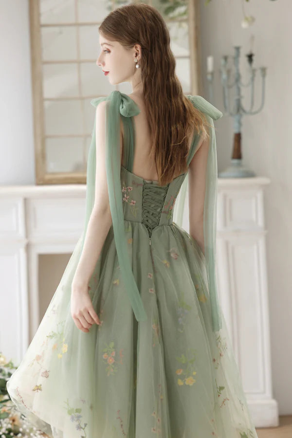 Beautiful Floral Tulle High Low Party Dress Green Lace Homecoming Dress