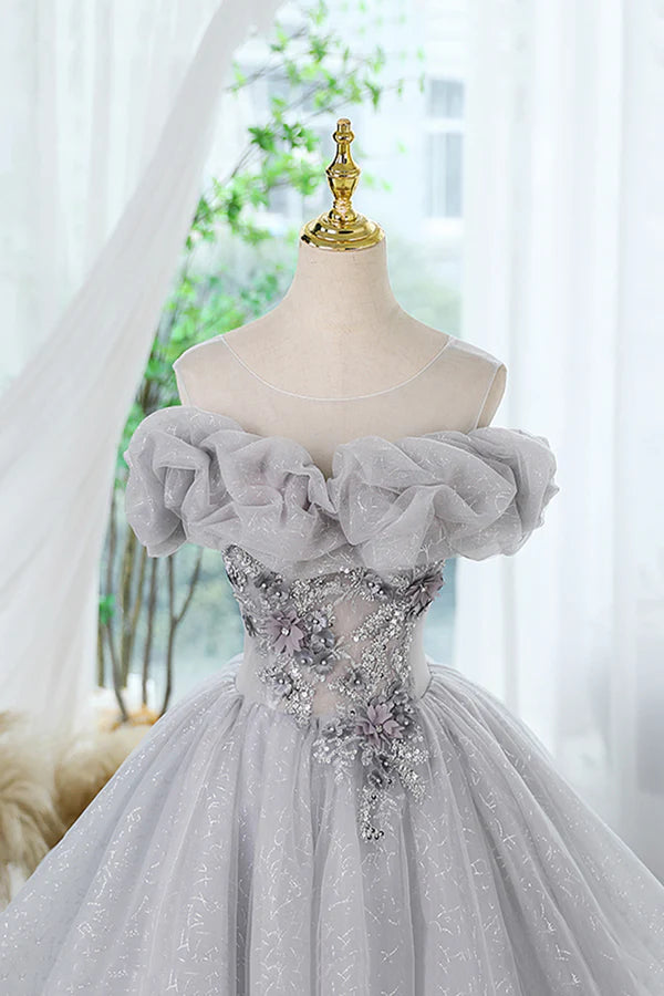 Gray Scoop Neckline Tulle Sequins Short Prom Dress A-Line Off the Shoulder Evening Party Dress