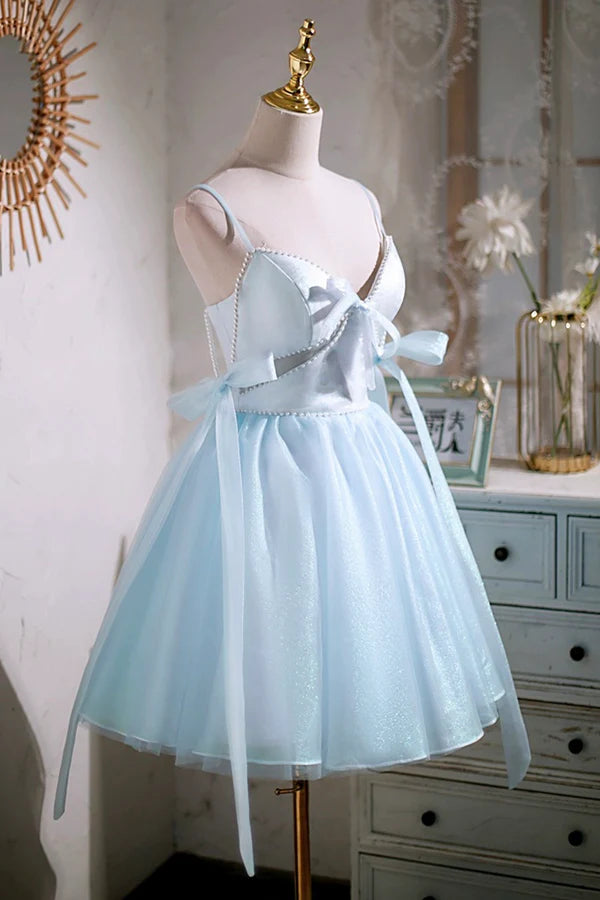 Sky Blue Spaghetti Straps Party Dress Cute A-Line Tulle Homecoming Dress