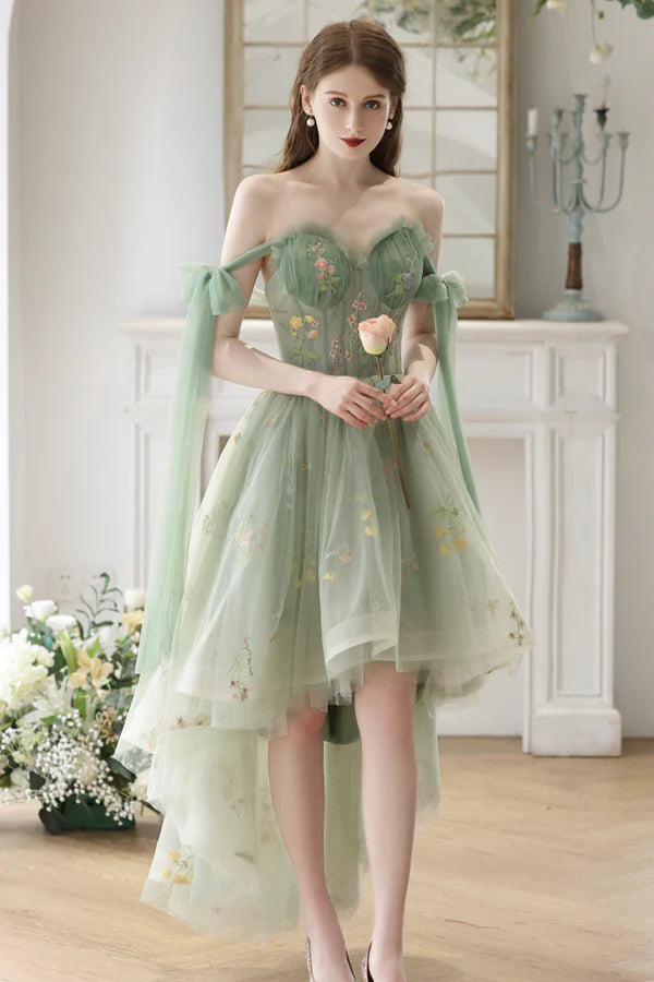 Beautiful Floral Tulle High Low Party Dress Green Lace Homecoming Dress