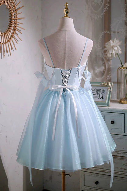 Sky Blue Spaghetti Straps Party Dress Cute A-Line Tulle Homecoming Dress