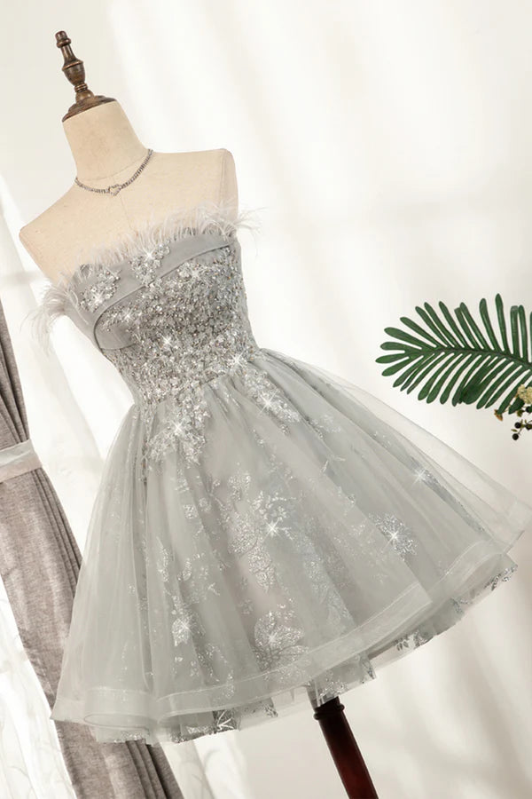 Gray Strapless Tulle Short Prom Dress with Sequins Cute A-Line Party Dress