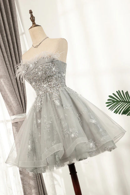 Gray Strapless Tulle Short Prom Dress with Sequins Cute A-Line Party Dress