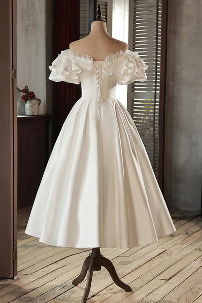 White Satin Lace Off Shoulder Prom Dress White Evening Dress, Wedding Dress