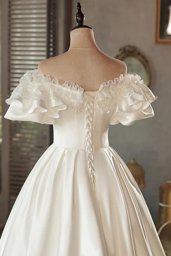 White Satin Lace Off Shoulder Prom Dress White Evening Dress, Wedding Dress