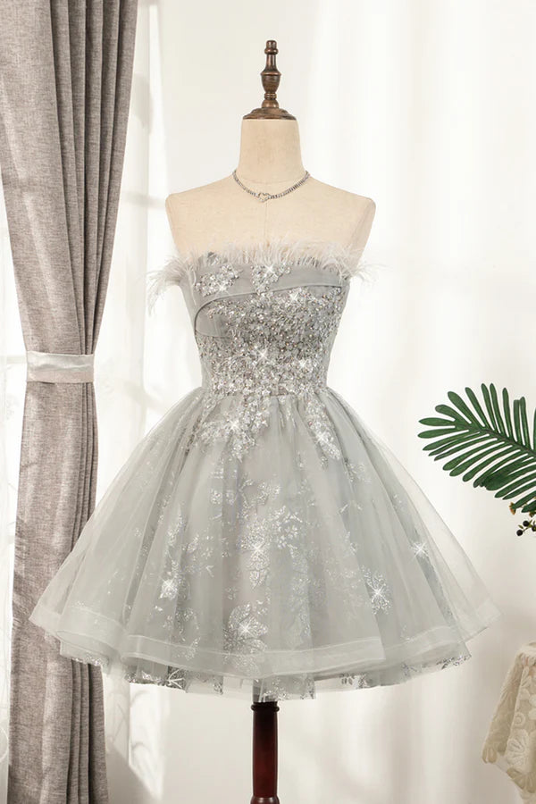 Gray Strapless Tulle Short Prom Dress with Sequins Cute A-Line Party Dress