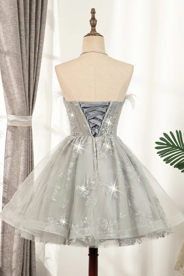 Gray Strapless Tulle Short Prom Dress with Sequins Cute A-Line Party Dress