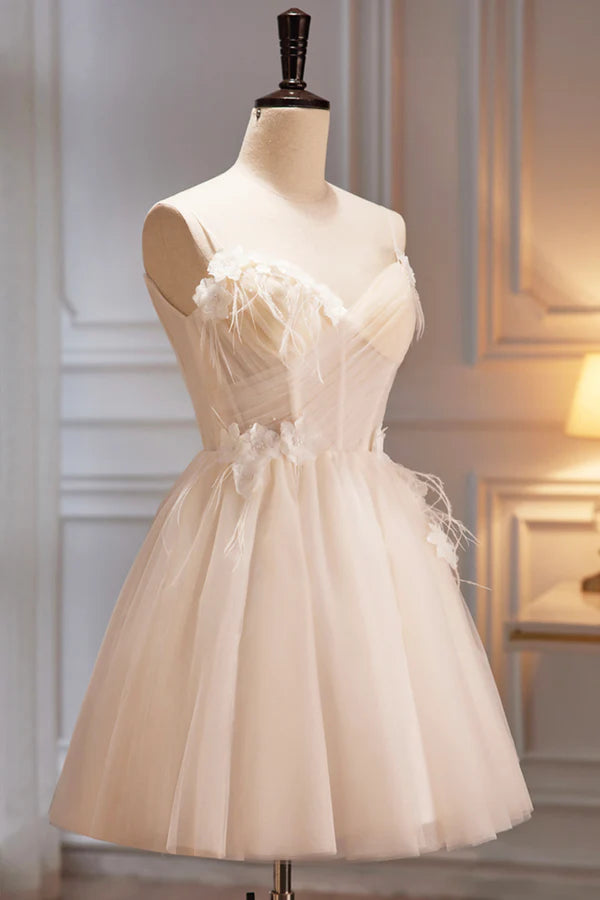 Spaghetti Strap V Neck Tulle Short Prom Dress Cute Champagne Homecoming Dress