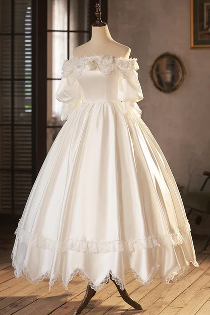 White Satin Lace Prom Dress White Evening Dress Wedding Dress