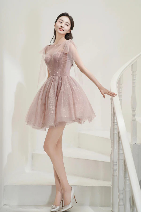 Pink Tulle Knee Length Prom Dress Cute A-Line Party Dress