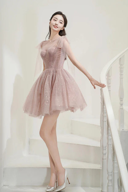 Pink Tulle Knee Length Prom Dress Cute A-Line Party Dress