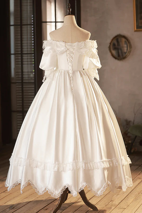 White Satin Lace Prom Dress White Evening Dress Wedding Dress