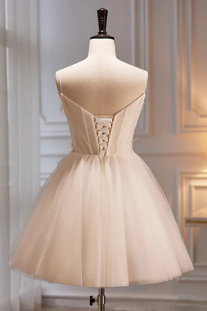 Spaghetti Strap V Neck Tulle Short Prom Dress Cute Champagne Homecoming Dress