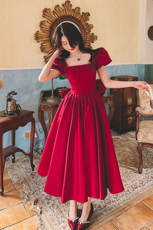 Burgundy Satin Short Prom Dress with Bow Cute Short Sleeve Evening Party Dress