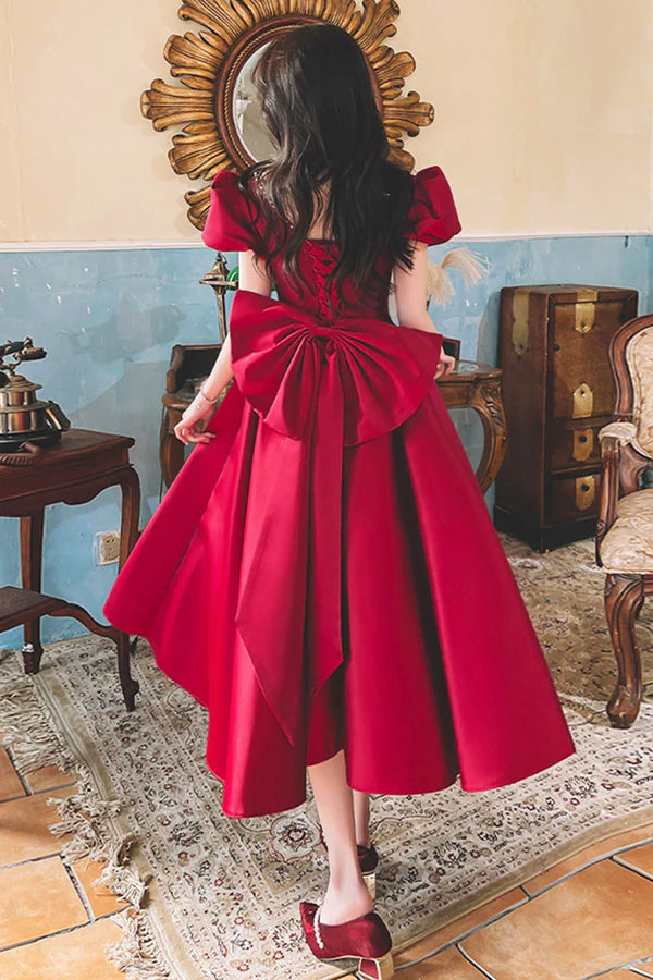 Burgundy Satin Short Prom Dress with Bow Cute Short Sleeve Evening Party Dress