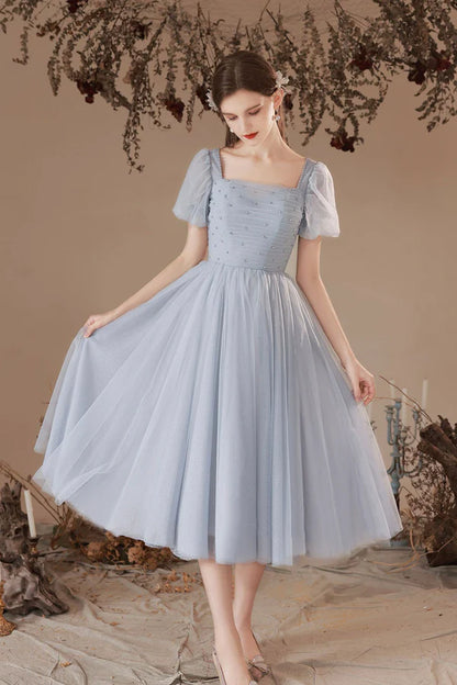 Gray Tulle Pearl Short Prom Dress Cute A-Line Homecoming Dress