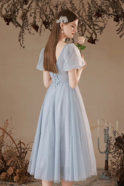 Gray Tulle Pearl Short Prom Dress Cute A-Line Homecoming Dress