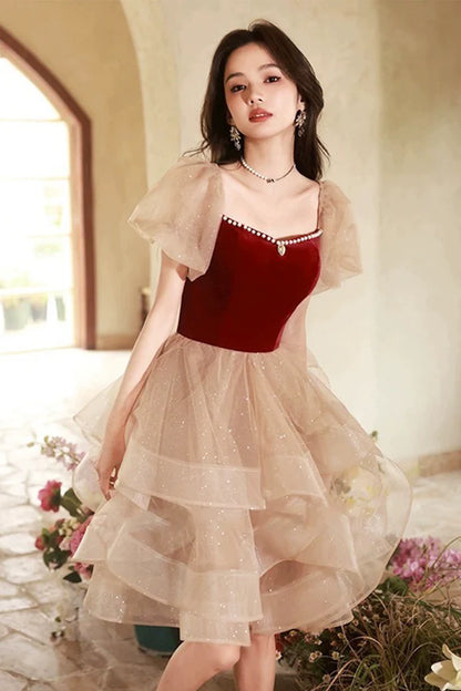 Cute Velvet Tulle Short Prom Dress Beautiful Party Dress Homecoming Dress