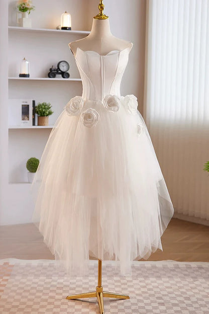 Unique White Strapless Irregular Tulle Short Prom Dress White Party Dress