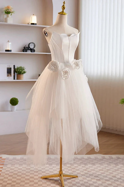 Unique White Strapless Irregular Tulle Short Prom Dress White Party Dress