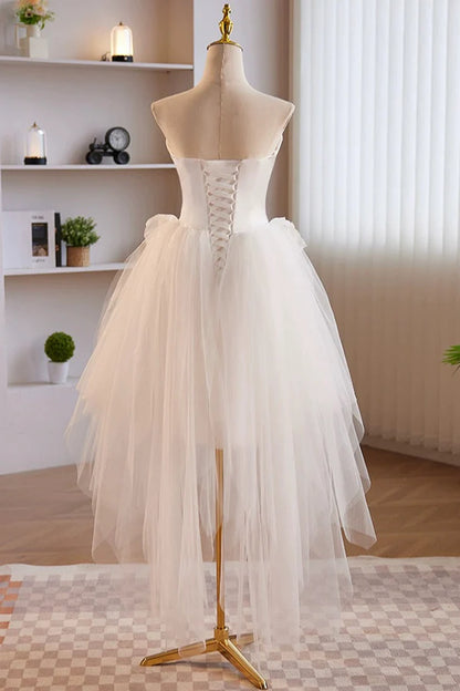 Unique White Strapless Irregular Tulle Short Prom Dress White Party Dress