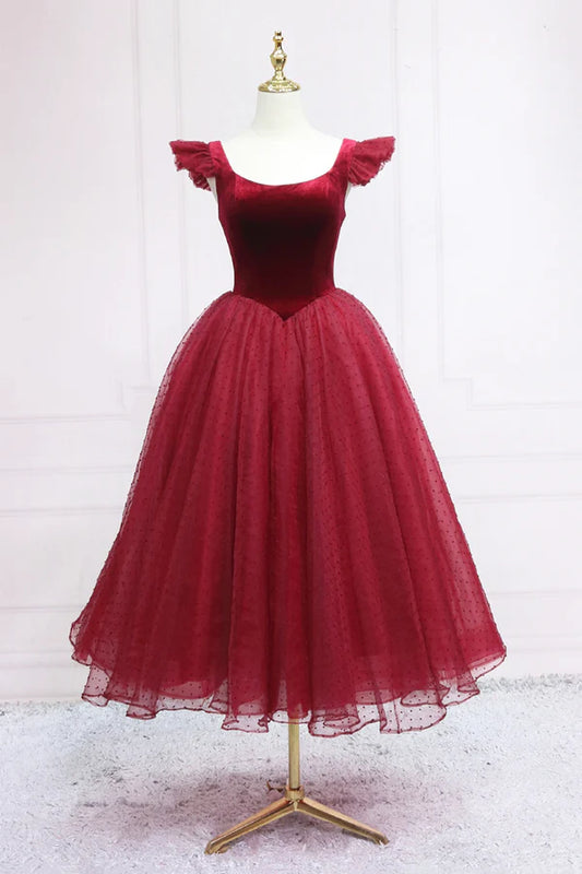 Burgundy Velvet Tulle Tea Length Prom Dress Cute A-Line Party Dress