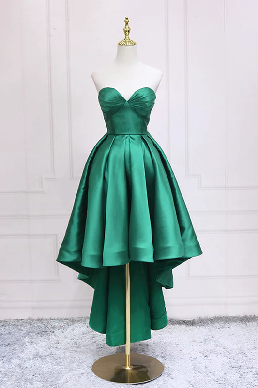 Green Satin High Low Prom Dress Cute Sweetheart Neck Evening Party Dress