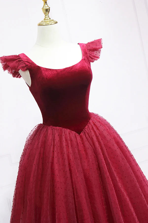 Burgundy Velvet Tulle Tea Length Prom Dress Cute A-Line Party Dress