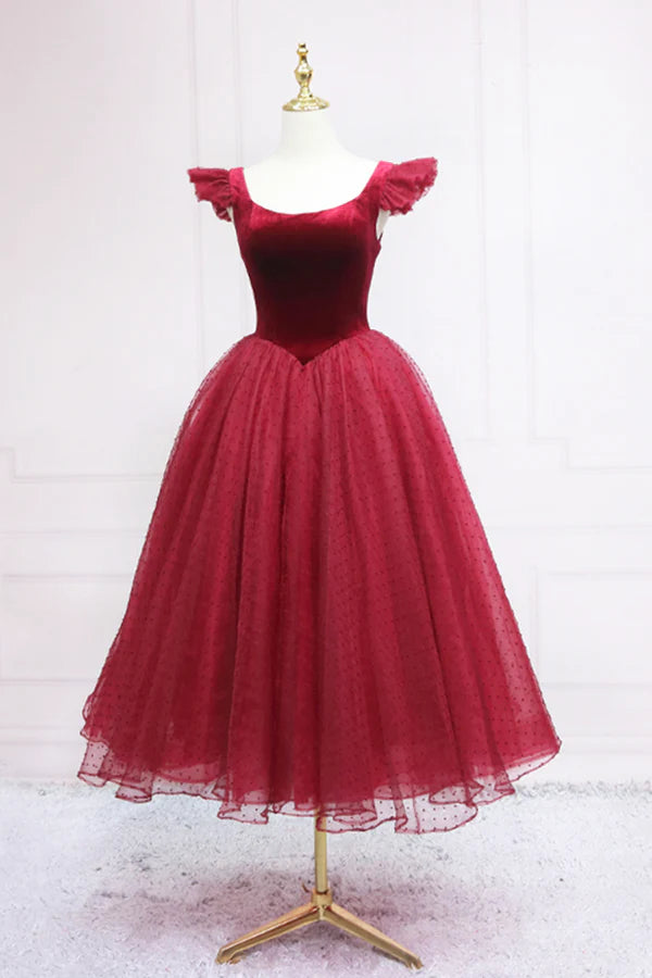 Burgundy Velvet Tulle Tea Length Prom Dress Cute A-Line Party Dress